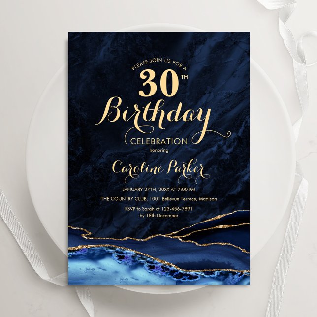 Navy Blue Gold Agate 30th Birthday Invitation (Creator Uploaded)