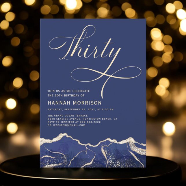 Navy Blue Gold Agate 30th Thirty Birthday Party Invitation (Creator Uploaded)
