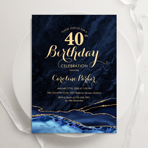 Navy Blue Gold Agate 40th Birthday Invitation