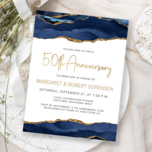 Navy Blue Gold Agate 50th Anniversary Invitation Postcard