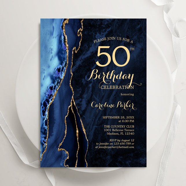 Navy Blue Gold Agate 50th Birthday Invitation (Creator Uploaded)