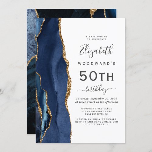 Navy Blue Gold Agate 50th Birthday Party Invitation