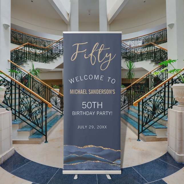 Navy Blue Gold Agate 50th Birthday Welcome  Retractable Banner (Creator Uploaded)