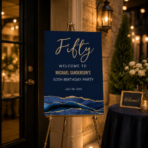 Navy Blue Gold Agate 50th Birthday Welcome Sign