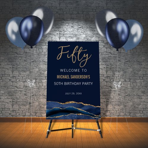 Navy Blue Gold Agate 50th Birthday Welcome Sign
