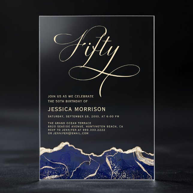 Navy Blue Gold Agate 50th Fifty Birthday Party Acrylic Invitations (Creator Uploaded)
