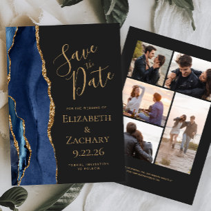 Navy Blue Gold Agate 5-Photo Dark Save The Date