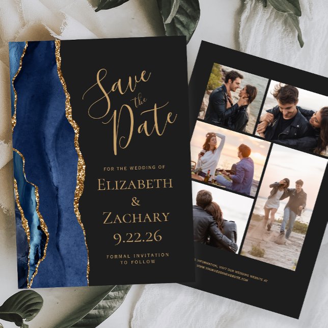 Navy Blue Gold Agate 5-Photo Dark Save The Date (Creator Uploaded)