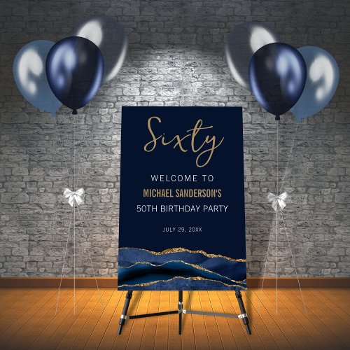 Navy Blue Gold Agate 60th Birthday Welcome Sign