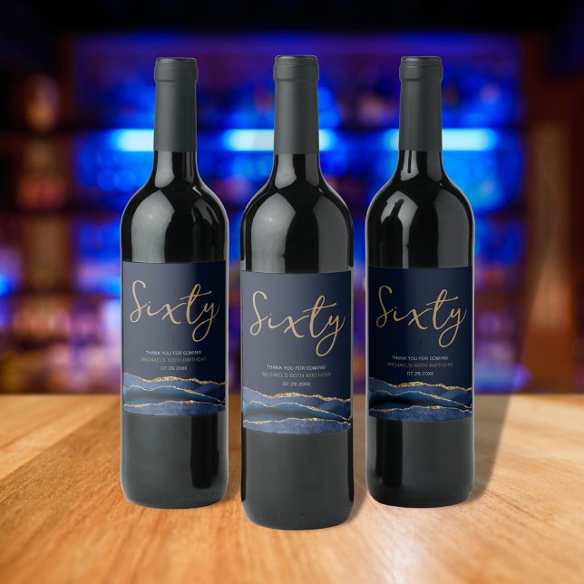 Navy Blue Gold Agate 60th Birthday Wine Label (Creator Uploaded)
