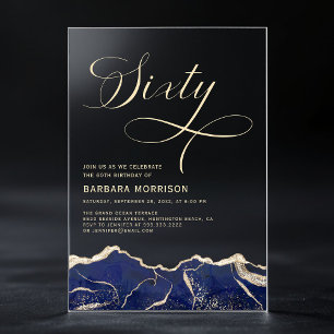 Navy Blue Gold Agate 60th Sixty Birthday Party Acrylic Invitations