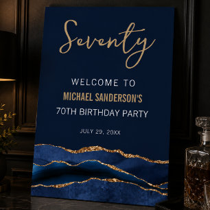 Navy Blue Gold Agate 70th Birthday Welcome Sign