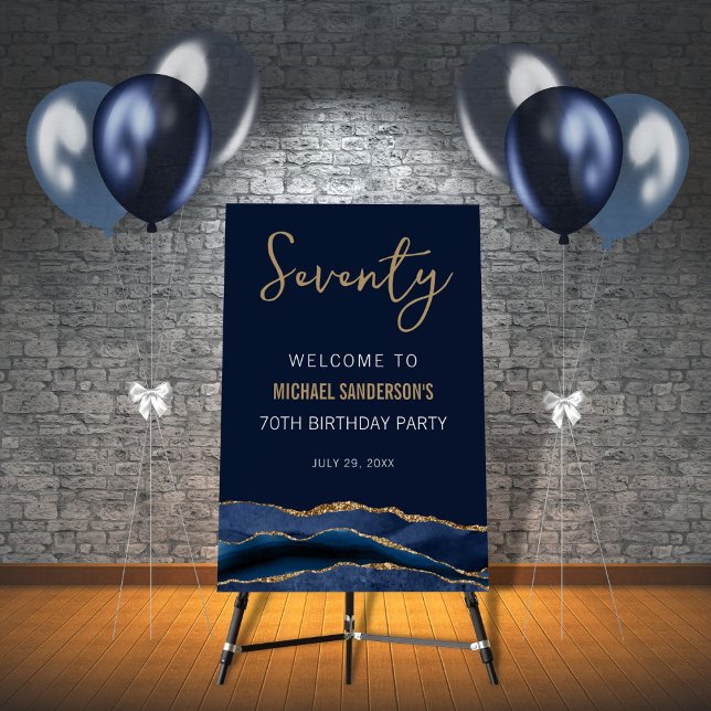 Navy Blue Gold Agate 70th Birthday Welcome Sign (Creator Uploaded)