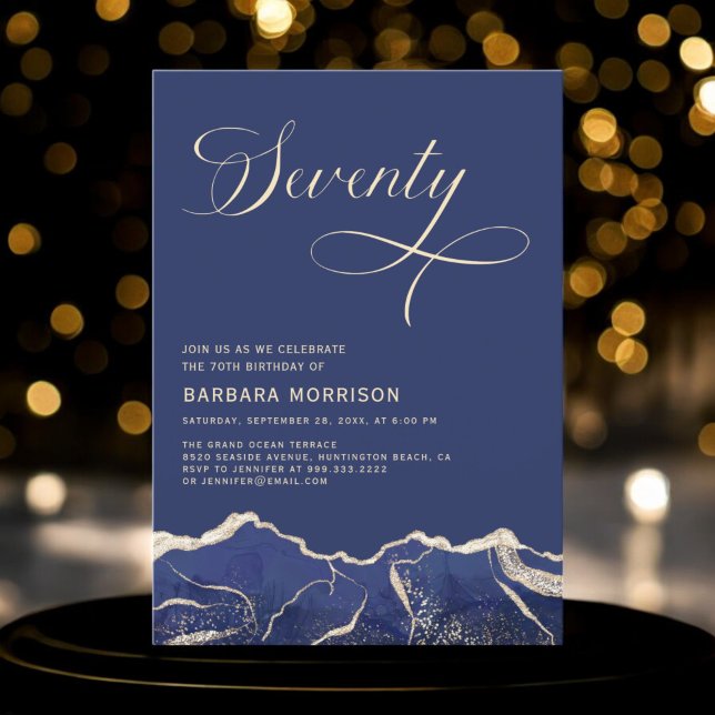 Navy Blue Gold Agate 70th Seventy Birthday Party Invitation (Creator Uploaded)