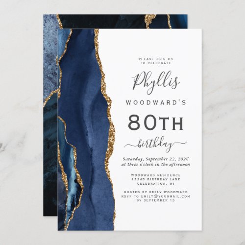 Navy Blue Gold Agate 80th Birthday Party Invitation