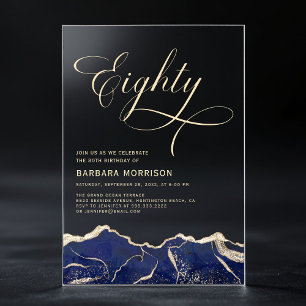 Navy Blue Gold Agate 80th Eighty Birthday Party Acrylic Invitations
