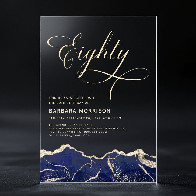 Navy Blue Gold Agate 80th Eighty Birthday Party Acrylic Invitations (Creator Uploaded)