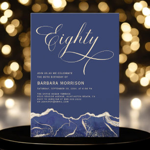 Navy Blue Gold Agate 80th Eighty Birthday Party Invitation