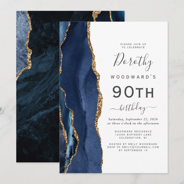Navy Blue Gold Agate 90th Birthday Party Invitation (Front/Back)