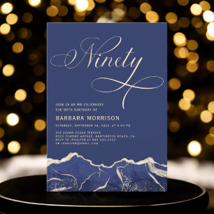 Navy Blue Gold Agate 90th Ninety Birthday Party Invitation