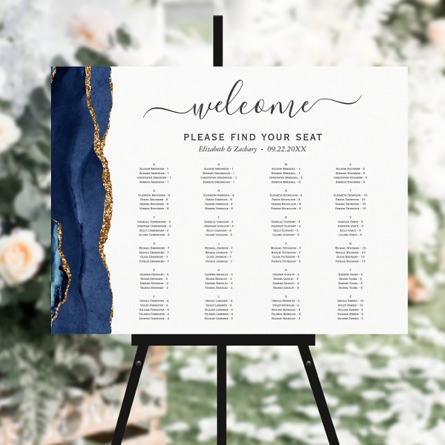 Navy Blue Gold Agate Alphabetical Wedding Seating Foam Board (Creator Uploaded)