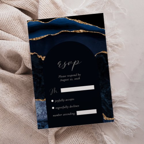 Navy Blue Gold Agate Arch Wedding RSVP Card