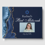 Navy Blue Gold Agate Bar Mitzvah Party Photo Guest Book<br><div class="desc">Elegant navy blue and gold agate decorates the side of this modern Bat Mitzvah party guest book. Your daughter's name is written in beautiful formal script under the Star of David. Add their photo for a personalized touch. Perfect for a chic, stylish Jewish family celebrating their girl being called to...</div>