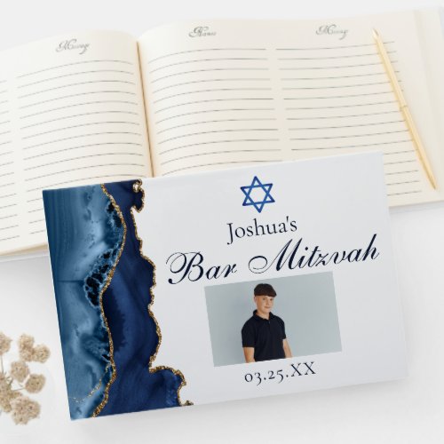 Navy Blue Gold Agate Bar Mitzvah Party Photo Guest Book
