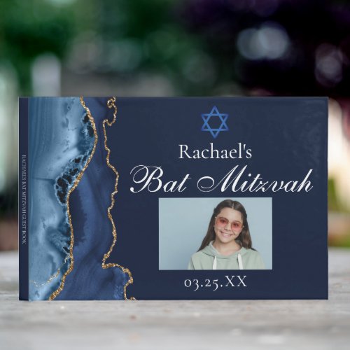 Navy Blue Gold Agate Bar Mitzvah Party Photo Guest Book
