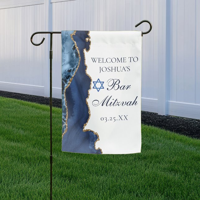 Navy Blue Gold Agate Bar Mitzvah Party Welcome Garden Flag (Creator Uploaded)