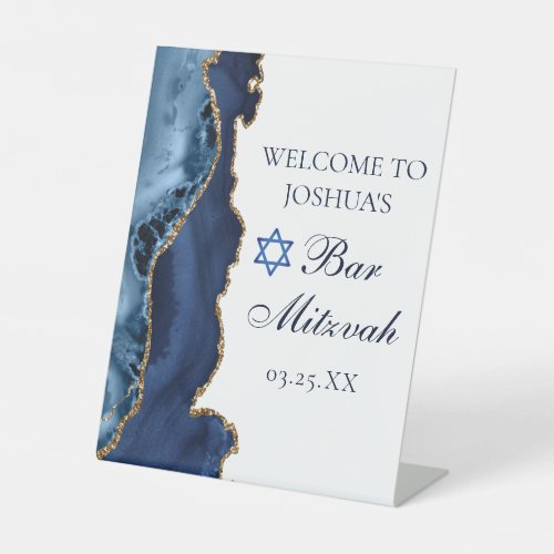 Navy Blue Gold Agate Bar Mitzvah Party Welcome Pedestal Sign