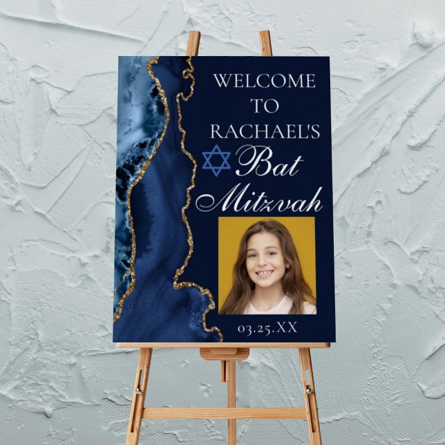 Navy Blue Gold Agate Bat Mitzvah Photo Party Foam Board (Creator Uploaded)