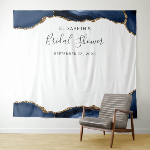 Navy Blue Gold Agate Bridal Shower Photo Booth Tapestry