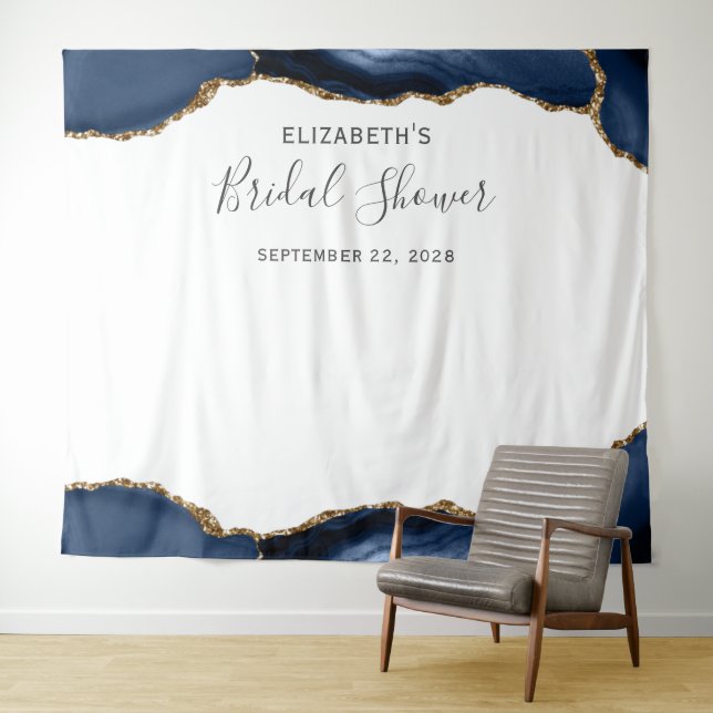 Navy Blue Gold Agate Bridal Shower Photo Booth Tapestry (In Situ (Horizontal))