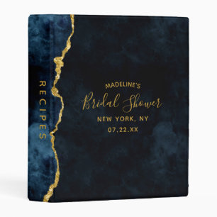 Navy Blue Gold Agate Bridal Shower Recipe Card Mini Binder