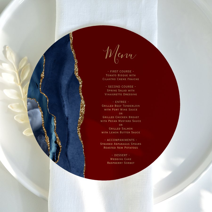 Navy Blue Gold Agate Burgundy Round Plate Wedding Menu