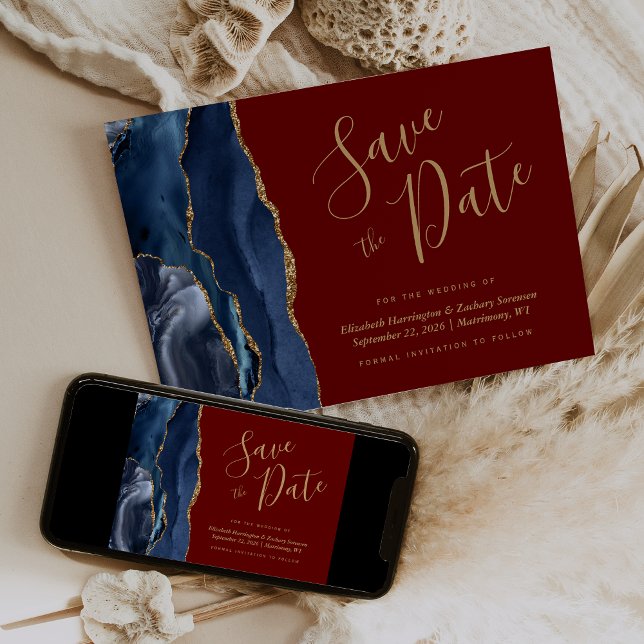Navy Blue Gold Agate Burgundy Save the Date Invitation (Creator Uploaded)