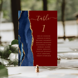 Navy Blue Gold Agate Burgundy Wedding Table Number