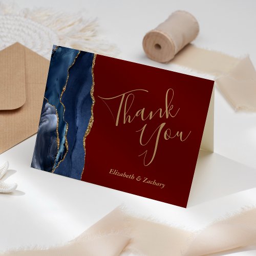 Navy Blue Gold Agate Burgundy Wedding Thank You Card