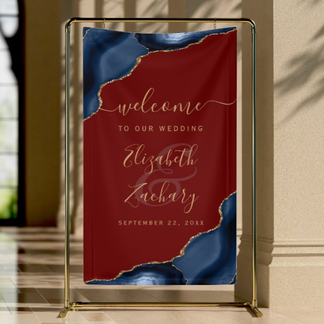 Navy Blue Gold Agate Burgundy Wedding Welcome Banner (Creator Uploaded)