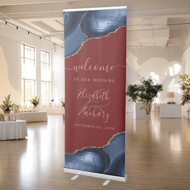 Navy Blue Gold Agate Burgundy Wedding Welcome Retractable Banner (Creator Uploaded)