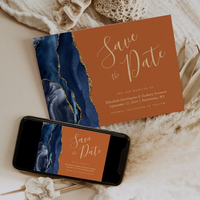 Navy Blue Gold Agate Burnt Orange Save the Date Invitation (Creator Uploaded)