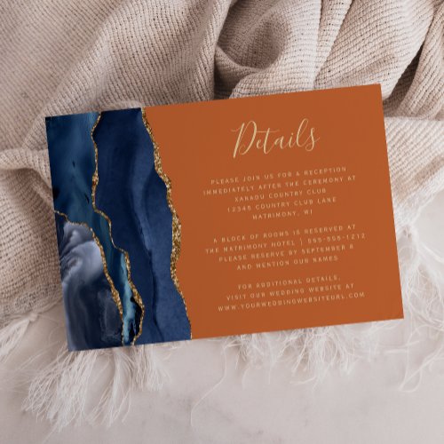 Navy Blue Gold Agate Burnt Orange Wedding Details Enclosure Card