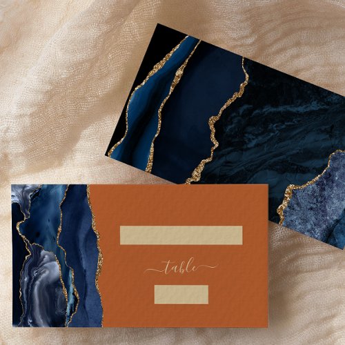 Navy Blue Gold Agate Burnt Orange Wedding Escort Place Card