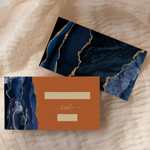 Navy Blue Gold Agate Burnt Orange Wedding Escort Place Card