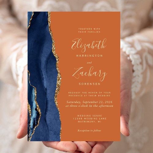 Navy Blue Gold Agate Burnt Orange Wedding Invitation