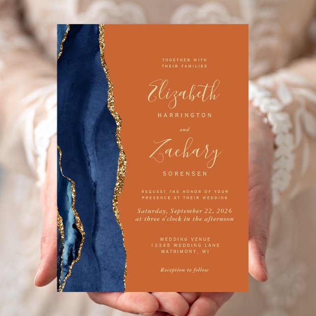 Navy Blue Gold Agate Burnt Orange Wedding Invitation (Creator Uploaded)