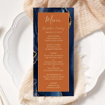 Navy Blue Gold Agate Burnt Orange Wedding Menu<br><div class="desc">This elegant,  modern wedding menu features a watercolor navy blue agate background trimmed with gold faux glitter. The text appears in elegant gold-colored handwriting and copperplate fonts on a burnt orange rectangle. The agate design is repeated on the reverse.</div>