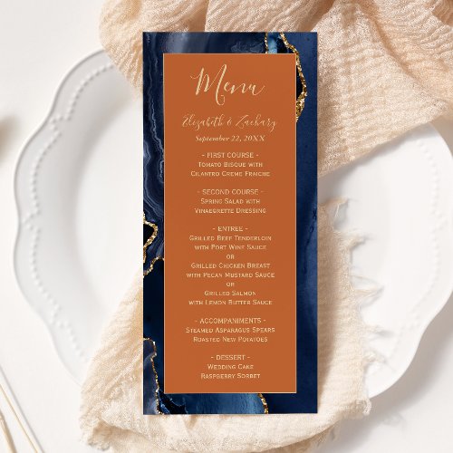 Navy Blue Gold Agate Burnt Orange Wedding Menu