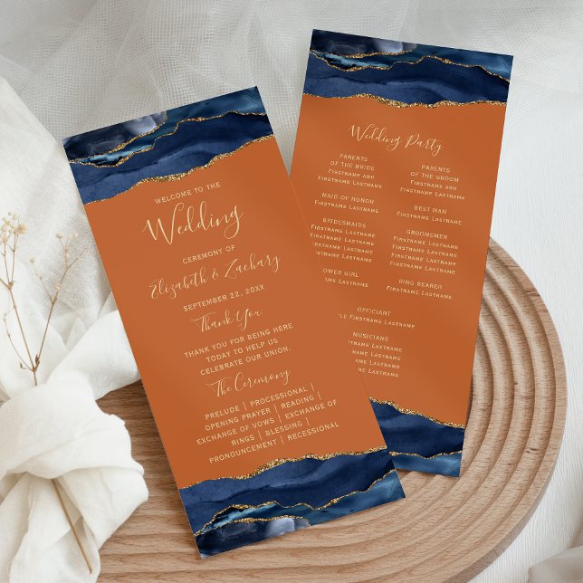 Navy Blue Gold Agate Burnt Orange Wedding Program (Creator Uploaded)